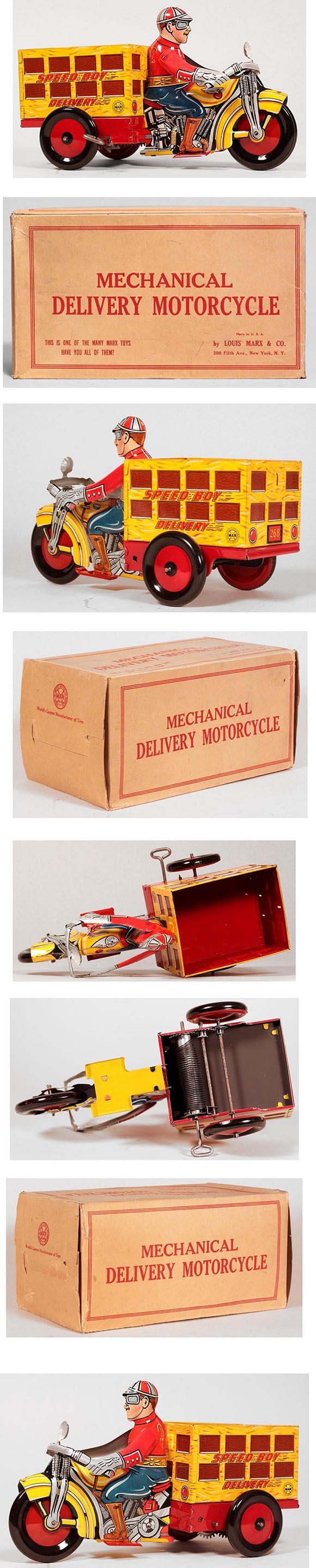 1938 Marx, Mechanical Speed Boy Delivery Motorcycle in Original Box
